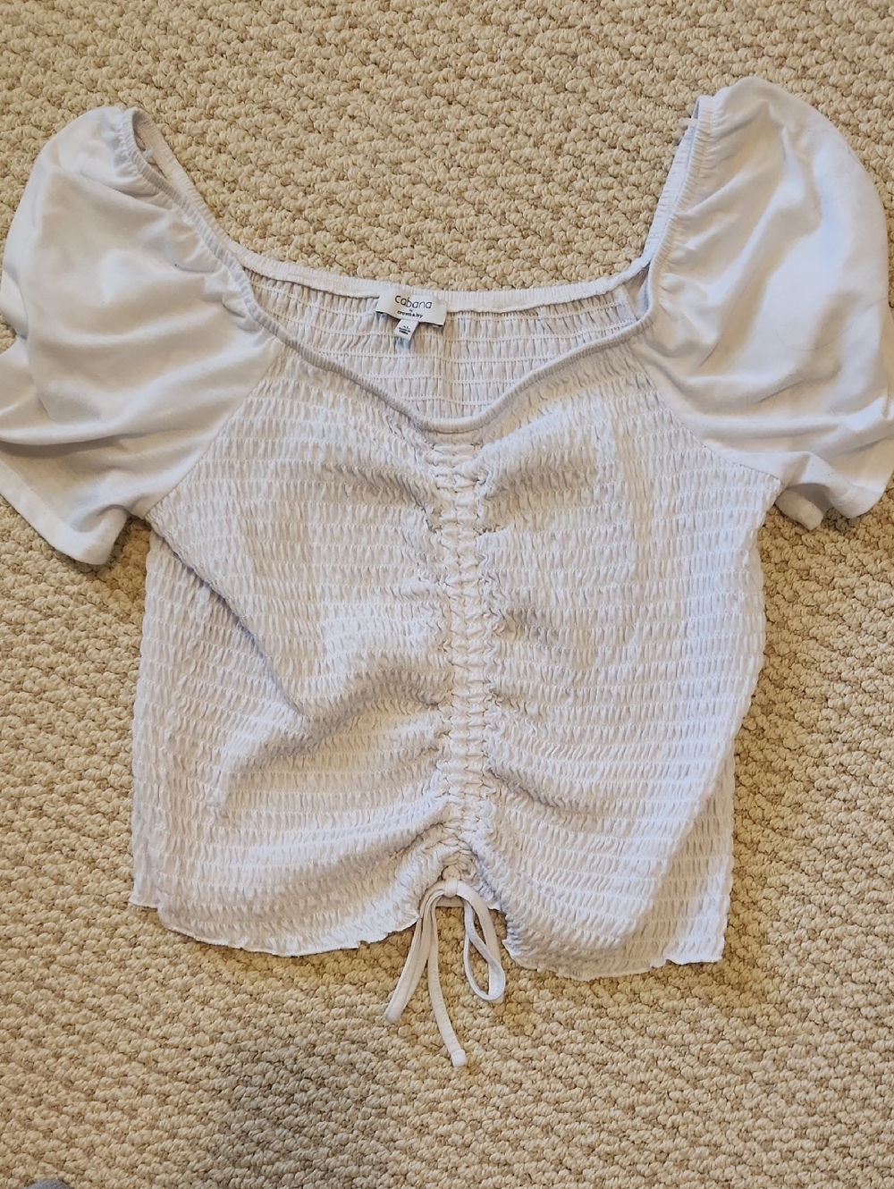 crown & ivy Ivory Smocked Ruched Puff-Sleeve Crop Top